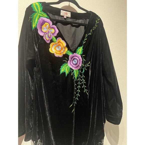 ROJA Western Women's Black Velvet Folk Art Embroidered Tunic‎ Size XXL Bohemian - Picture 2 of 9